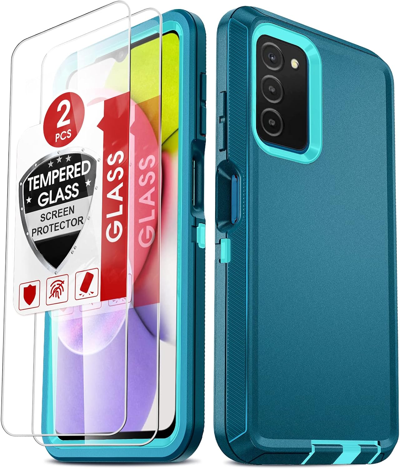 LeYi for Samsung Galaxy A03S Case, Samsung AO3S Phone Case with [2 Pack] Tempered Glass Screen Protectors, 3 in 1 Full Body Shockproof Rubber Dustproof Rugged Defender Case for Galaxy A03S, Teal Blue