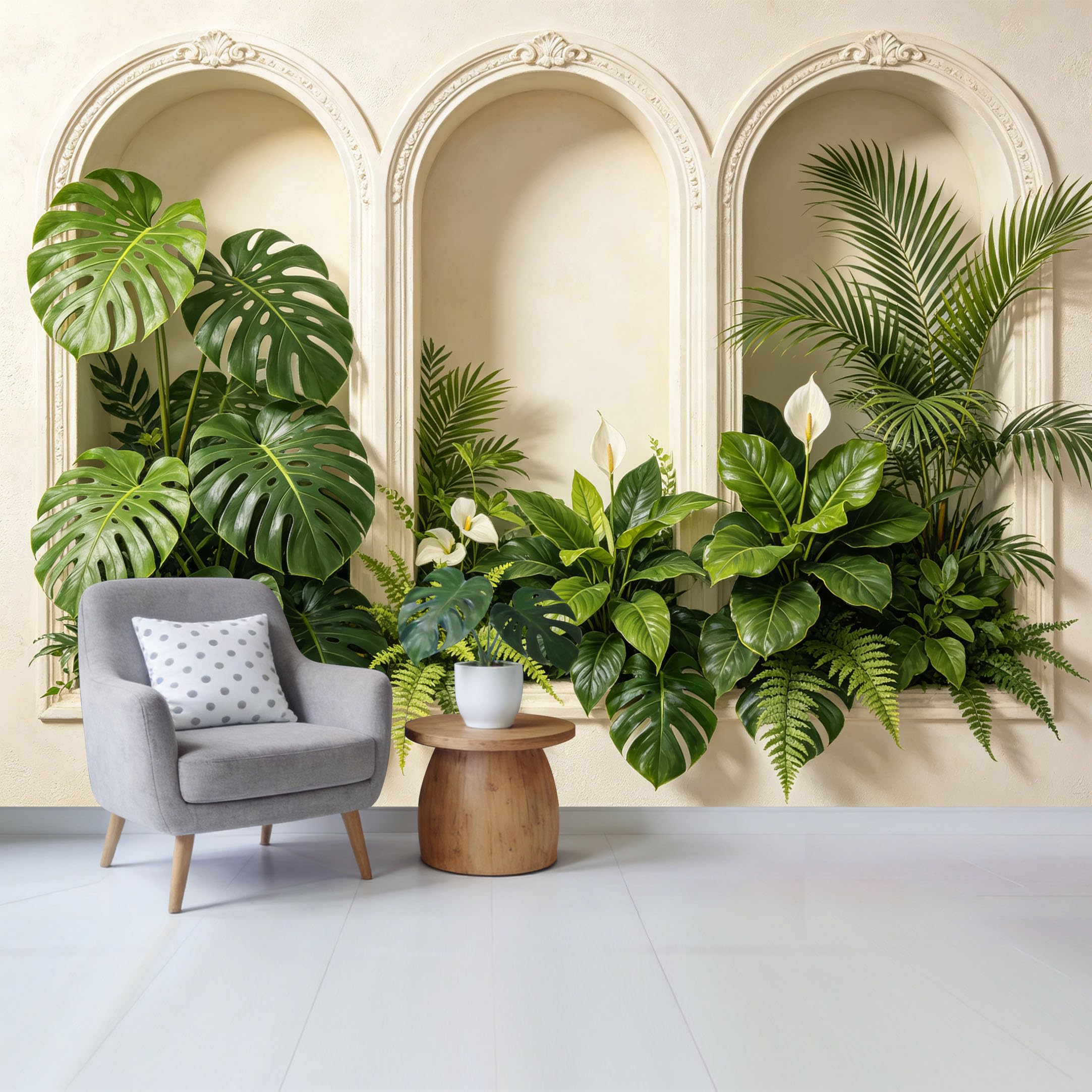 Custom Size Wall Mural Tropical Green Monstera Palm Leaves Botanical Arch Design Removable Self Adhesive Fabric Home Wall Decor for Living Room Bedroom Bathroom