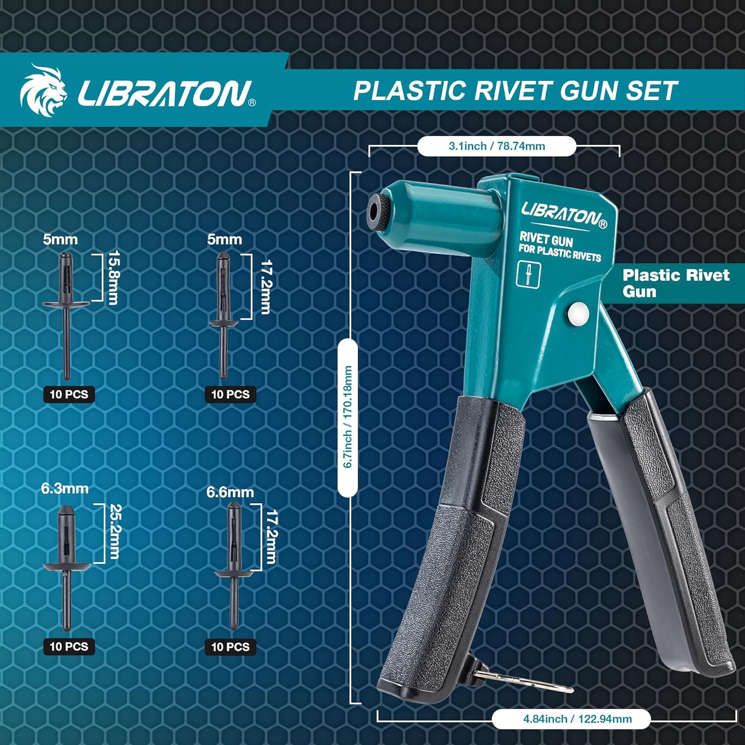 LIBRATON Plastic Rivet Gun Kit, 90 Degree Angle Hand Riveter with 40 Nylon Rivets (4 Sizes), Universal Nosepiece for Automotive/Electronics, Ergonomic & 50% Lighter Force