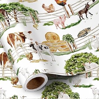RUSPEPA Farm Animals Wrapping Paper Roll, Mini Roll, Rustic Farmyard and Fence Design with Horse, Cow, Pig, Sheep Gift Wrap Paper for Farmer's Birthday, Farm-Themed Party, 17 Inches x 16.4 Feet
