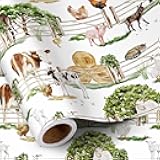 RUSPEPA Farm Animals Wrapping Paper Roll, Mini Roll, Rustic Farmyard and Fence Design with Horse, Cow, Pig, Sheep Gift Wrap Paper for Farmer's Birthday, Farm-Themed Party, 17 Inches x 16.4 Feet