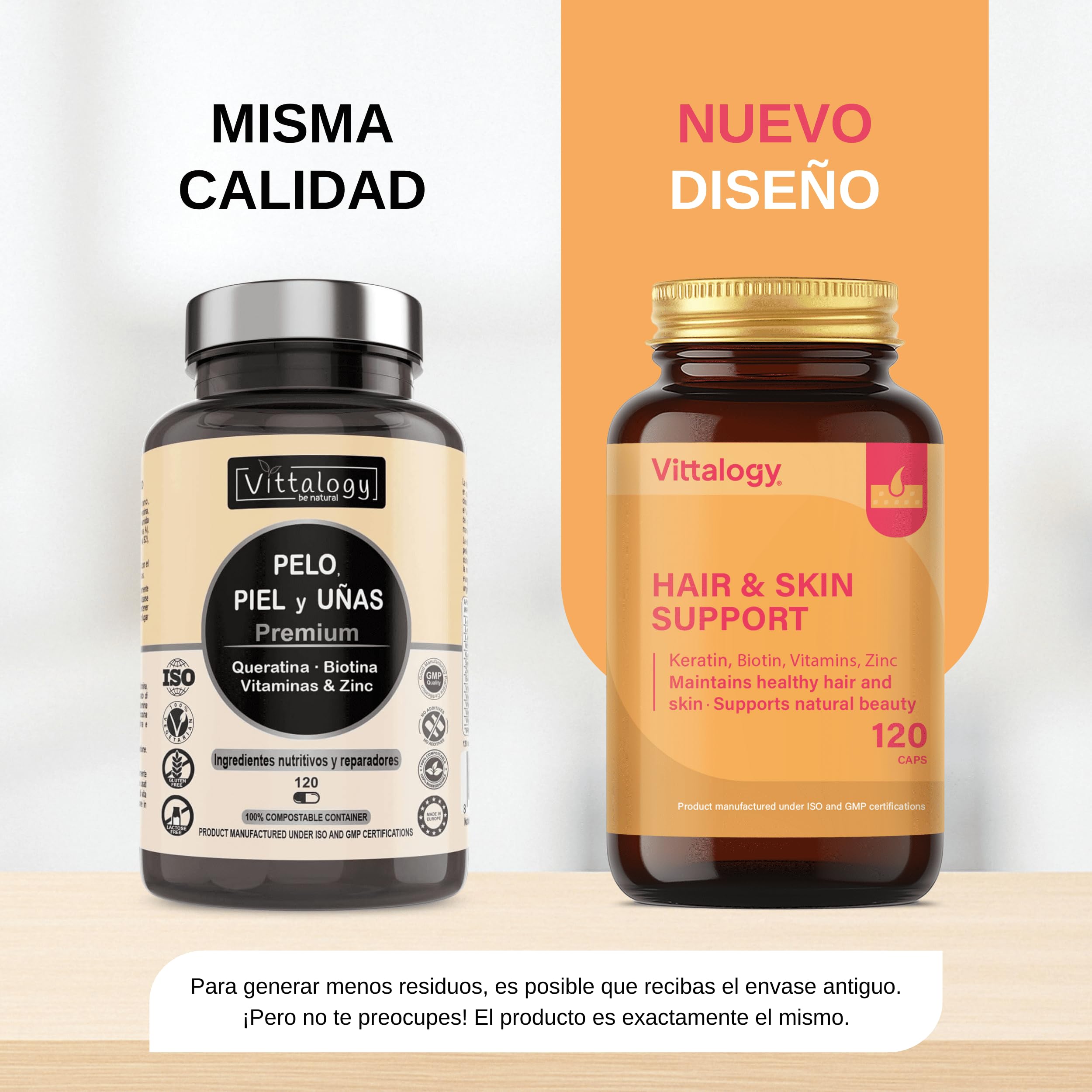 Hair & Skin Support Complemento Alimenticio de Vitaminas, Biotina, Queratina y Zinc para Fortalecer Pelo, Piel y Uñas. Suplemento Natural Contra Caida Cabello de Mujer y Hombre. 360 Cápsulas