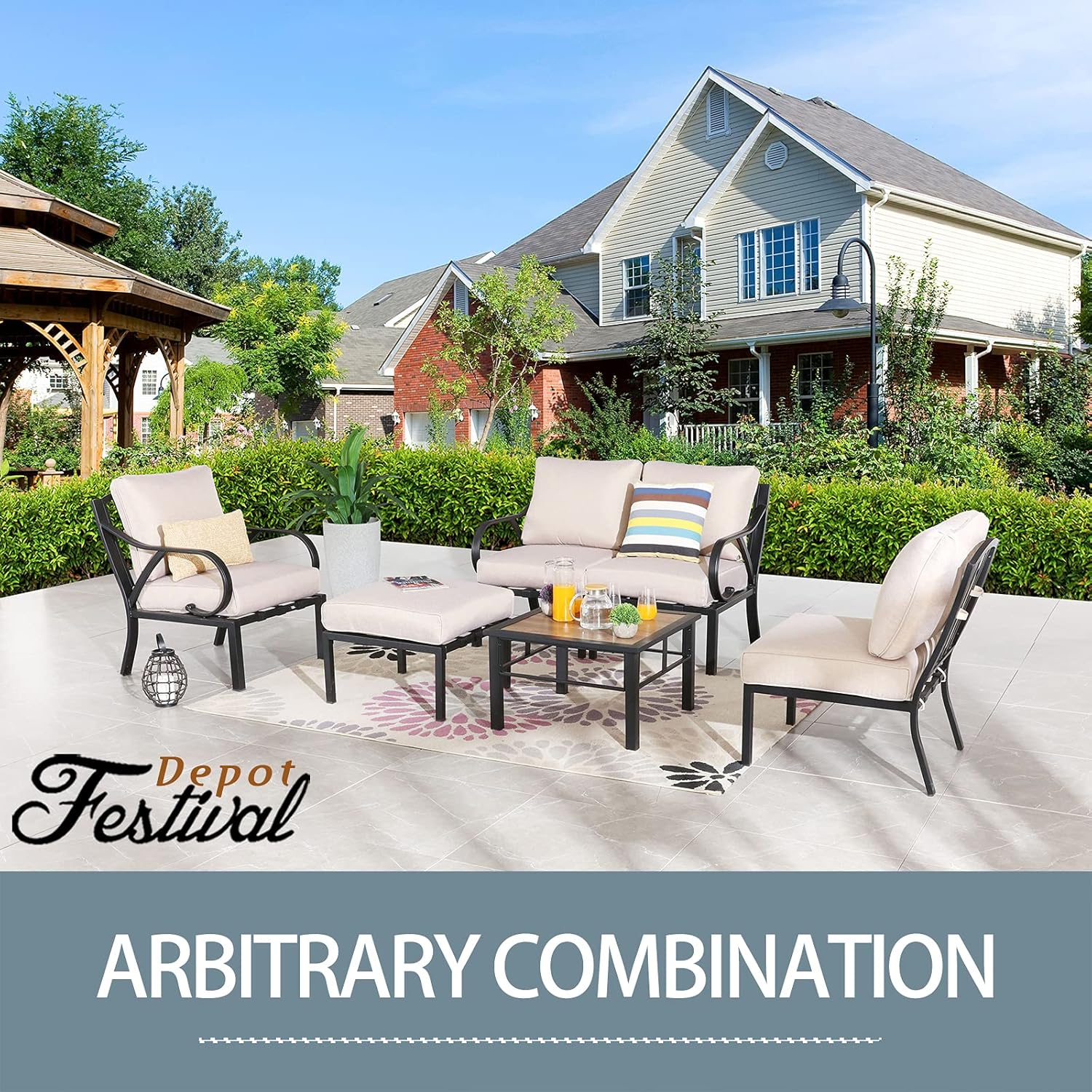 Festival Depot Patio Ottoman Metal Footstool with Thick Cushion Small Seat All Weather Outdoor Furniture for Porch Deck Garden (Beige)