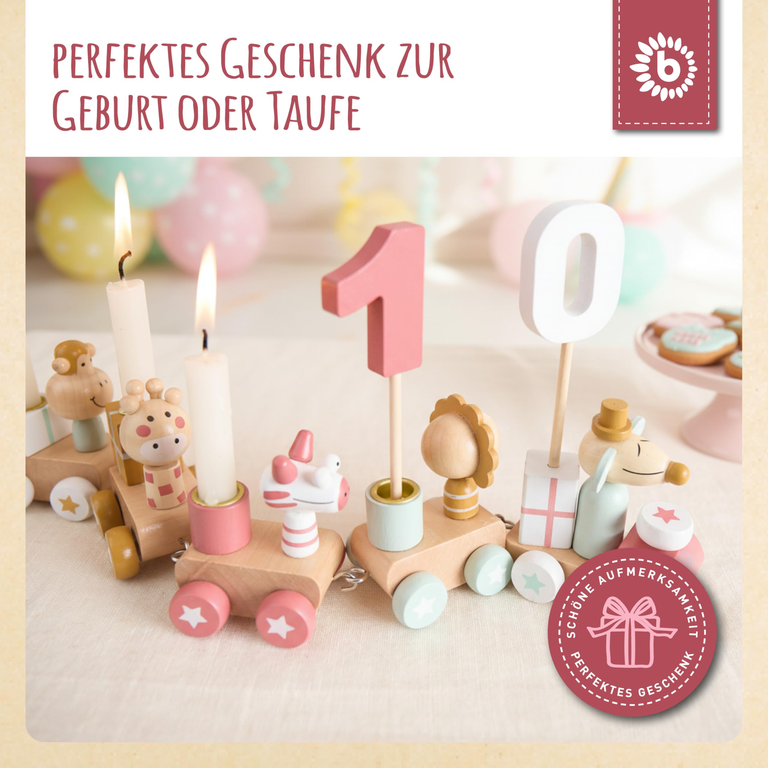 Bieco Geburtstagszug Holz - Berry Look 0-99 Jahre - Junge - Mädchen 1 geburtstag Geburtstagsring Geburtstagsteller Geburtstagskranz Kerzen Geburtstagskerze