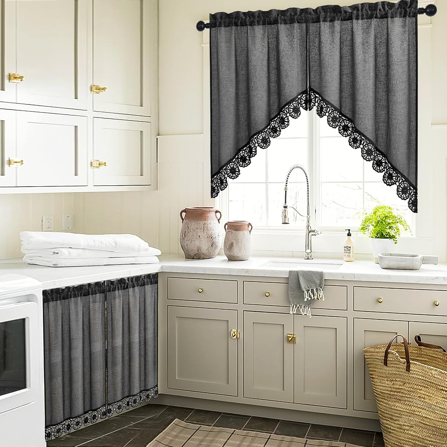 Gibelle Grey Boho Swag Kitchen Curtains 38 Inch Length, 2 Panels Modern Farmhouse Short Cafe Curtains, Linen Small Tier Curtain for RV/Bathroom/Basement/Laundry Room