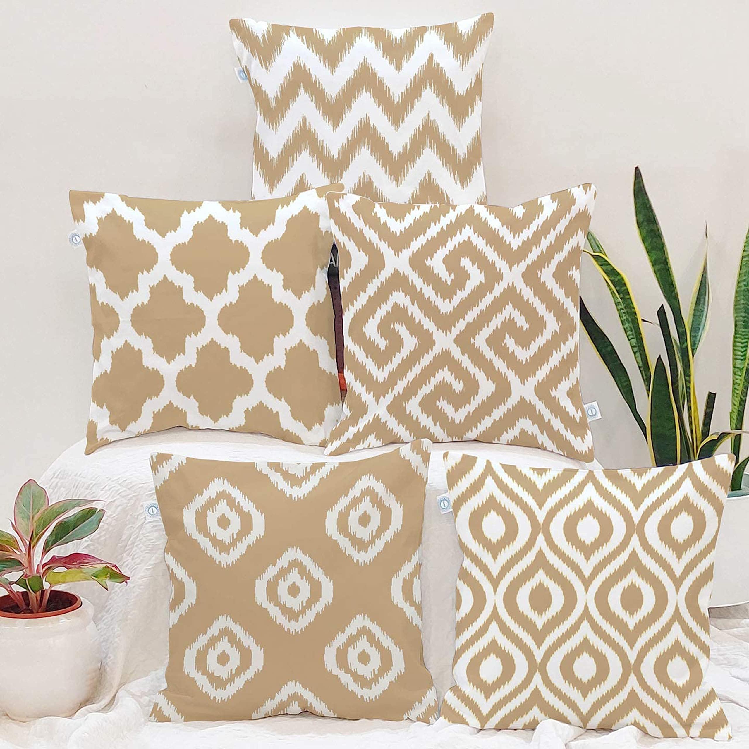 STITCHNEST Set of 5 Polycotton Cushion Covers – 12x12 Inches – Beige & White Ikat Geometric Print – Elegant Cushion Covers for Sofa & Living Room Decor