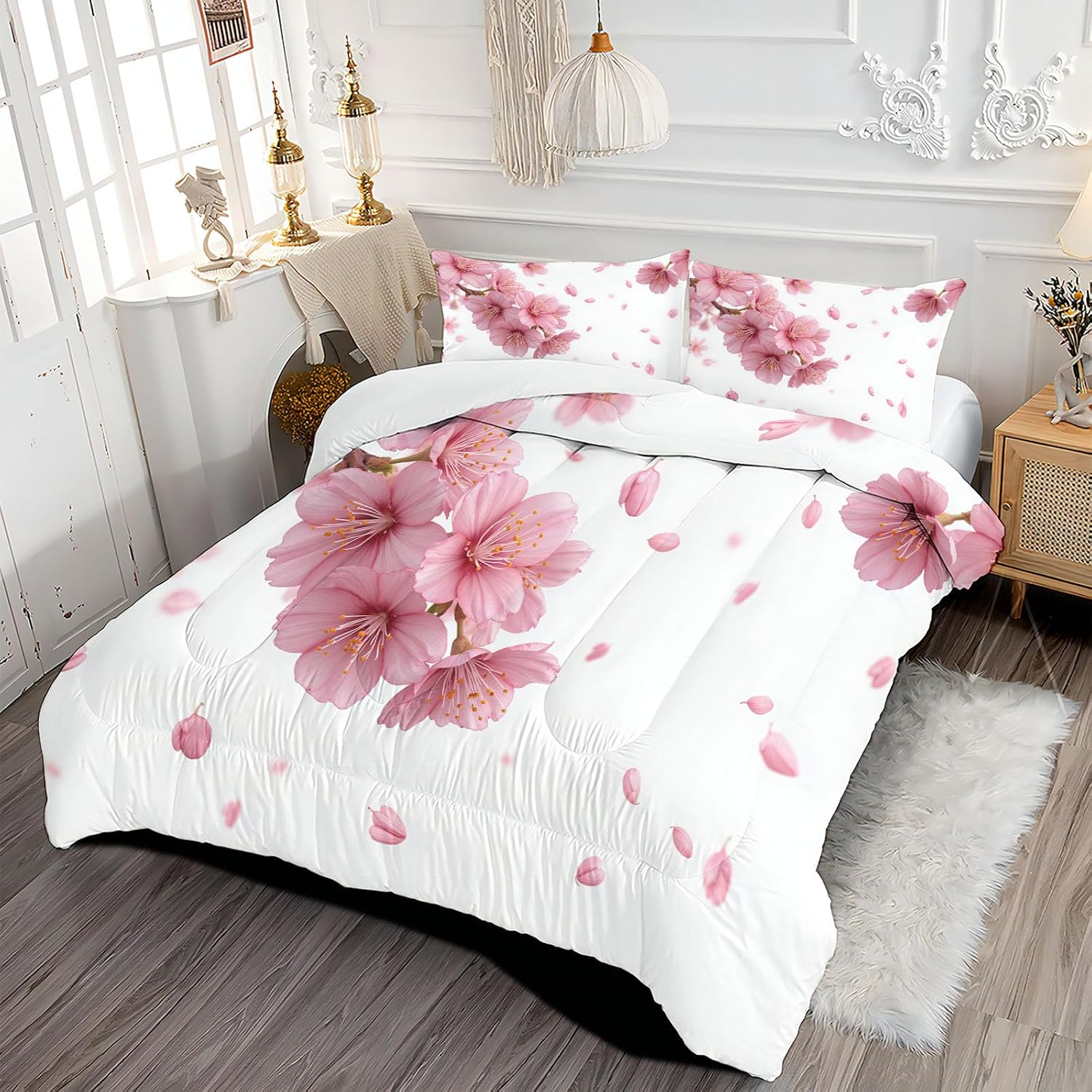 Spring Flowers Comforter Set Queen Size, Fresh Cherry Blossoms Print Breathable Bedding Set for Girls Boys Teens, Pink Quilt Duvet with 2 Pillow Cases