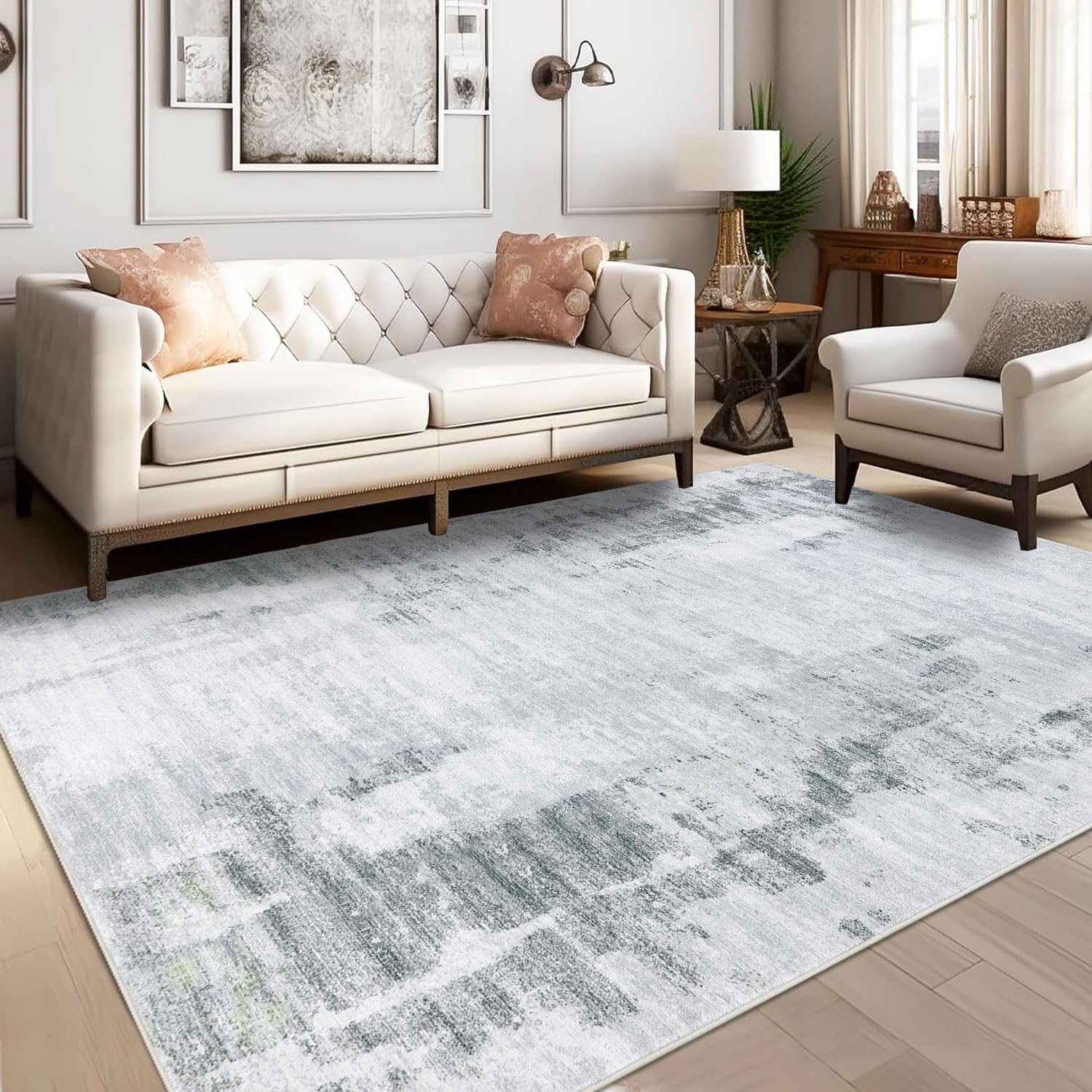 Tapis abstrait gris Famibay à poils courts et dos en caoutchouc antidérapant