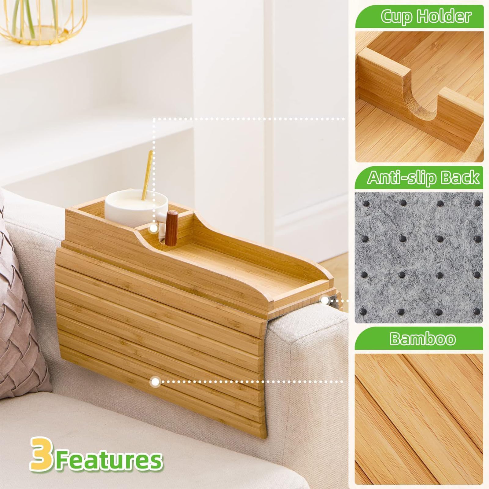 Sofatablett Armlehne, Bambus Couch Tablett Couch Armlehnentisch mit Tassenmatten, Faltbarer Rutschfestes Sofa Tablett Sofa Armlehnenablage Sofa Armlehne Ablage für Snacks (Becherhalter Stil)