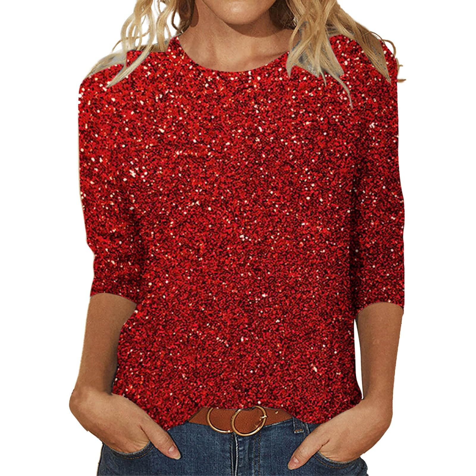 Generisch Camiseta de manga larga 3/4 para mujer, tallas grandes, cuello redondo, manga larga, blusa, vestido de Nochevieja, ropa de lentejuelas, camiseta festiva