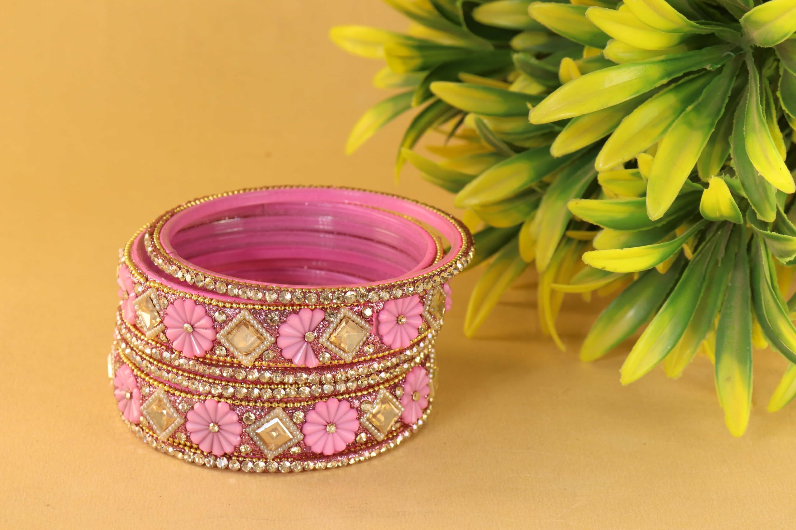 ZULKA Ladies Kangan Set | Colourful Glass Bangles | Trendy Chudi For Girls - Set Of 6 (ZU_JN40-Flowerset-Pink-2.8) 1