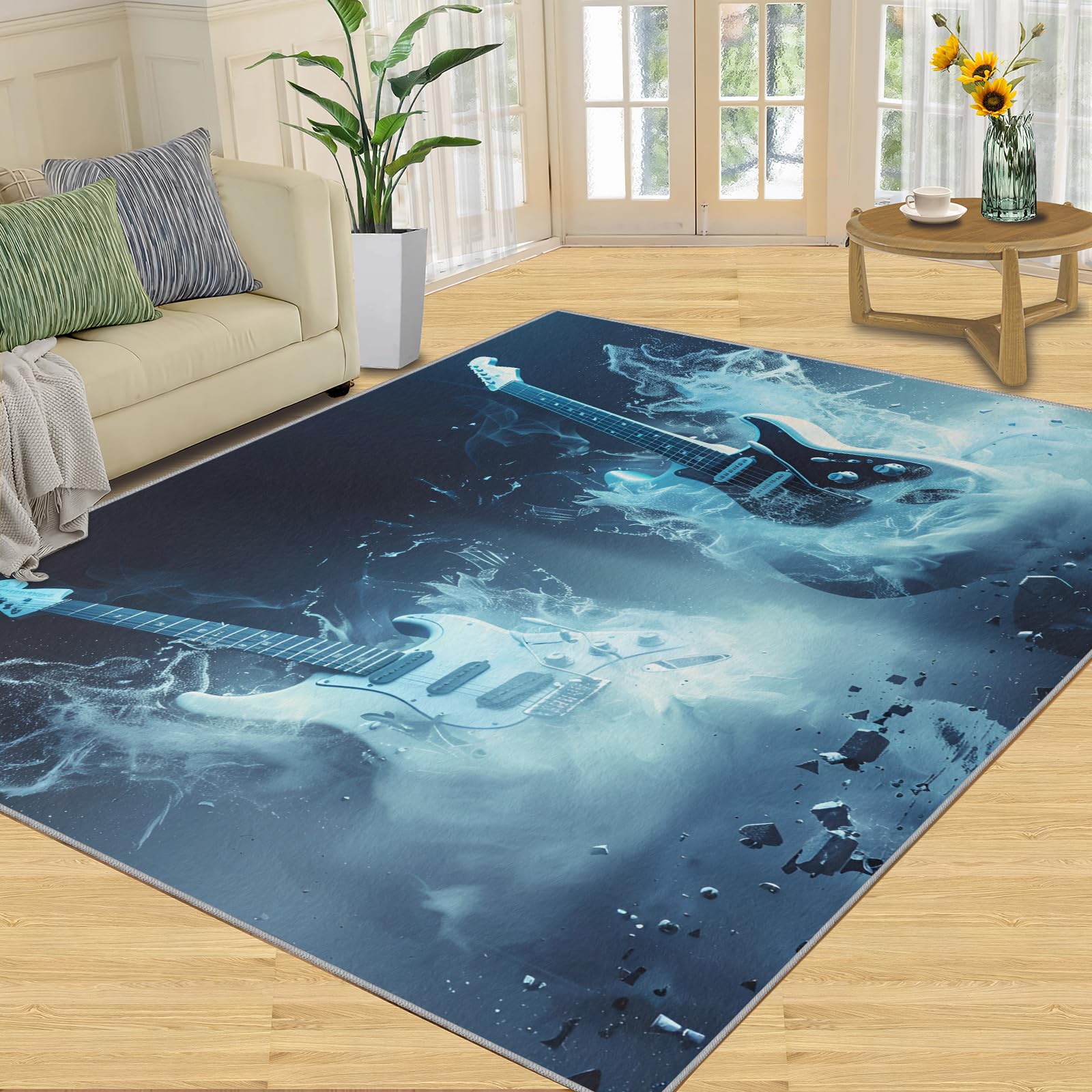 Tapis à motif guitare pour salle de musique – Tapis musical pour garçons, salon, chambre à coucher, lavable, antidérapant et doux, petit tapis rock and roll et décoration d'intérieur 90 x 120 cm