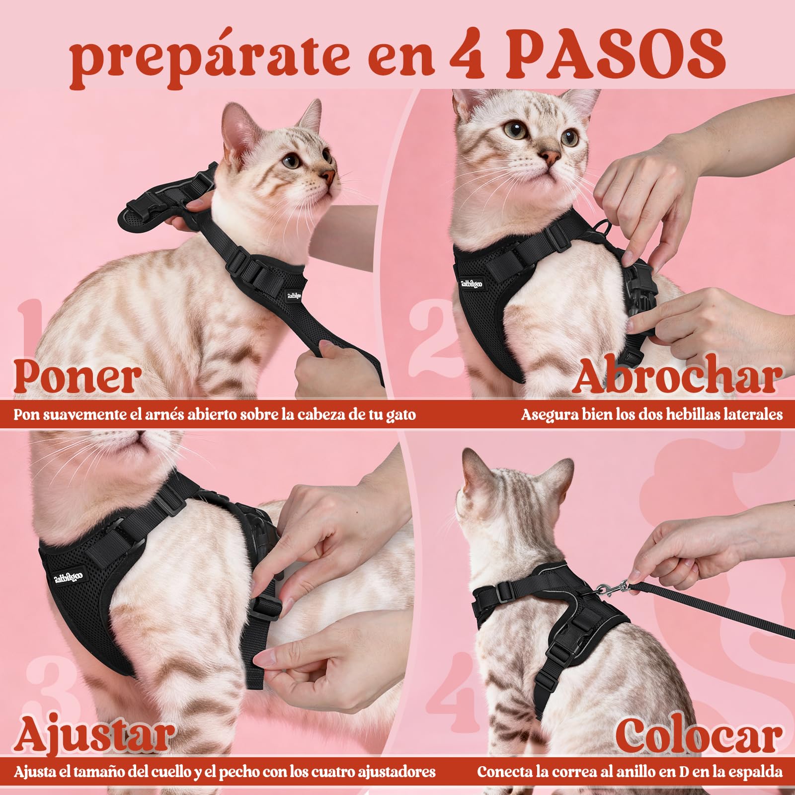 rabbitgoo Arnes para Gatos Antiescape con Correa 150cm, Arnes Gato Ajustable Reflectante, Chaleco de Tela de Malla Suave y Transpirable, Arnés Gato Pequeño para Caminar Entrenar, XS, Negro
