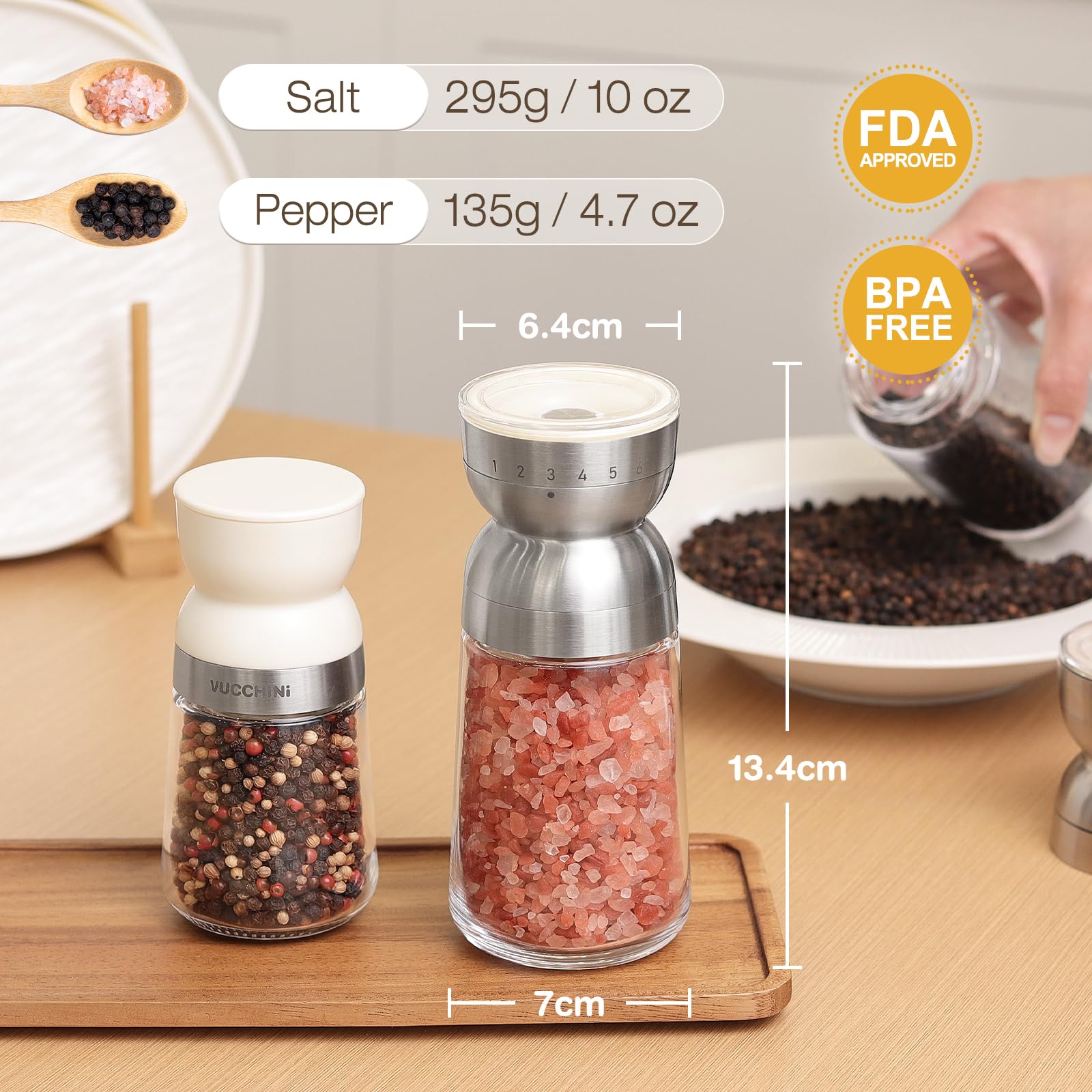Vucchini Macina Sale e Pepe in Acciaio Inox con Nucleo in Ceramica, Grana 6 Regolabile Esternamente, 260ml, Beige, Macina Spezie