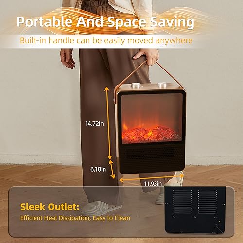 Miniatura 8 de RealSmart Pequeña chimenea eléctrica de 1500 W, calentador portátil para uso en interiores, 4 modos ajustables, mini chimenea de cerámica 3D,