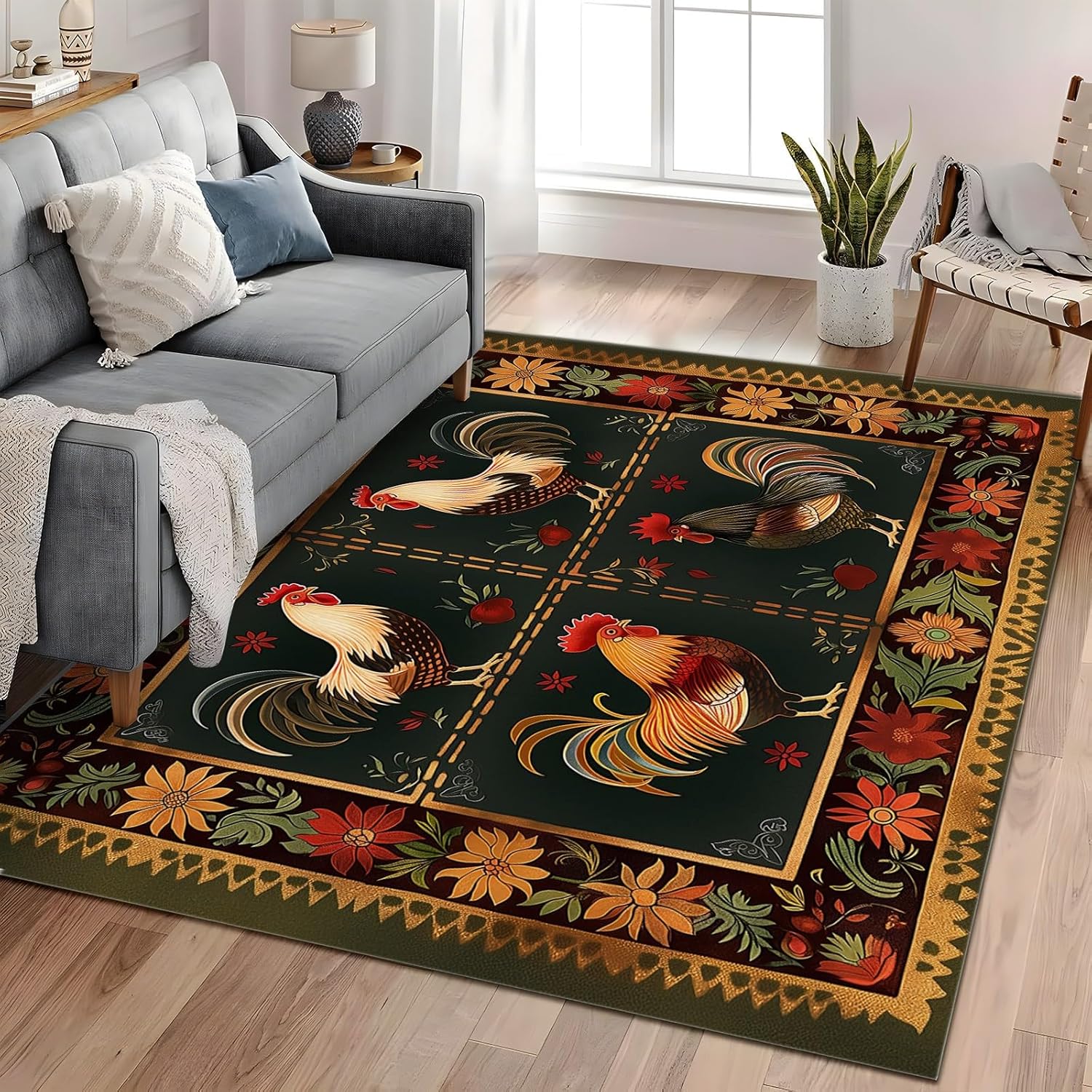 Machine Washable Plants and Flowers Area Rug 2 x 3 ft, Country Style Animal Rooster Rugs for Living Room Non-Slip Soft Low Pile Carpet Rug for Bedroom Bedside Dining Room Nursery Hardwood Floor Decor