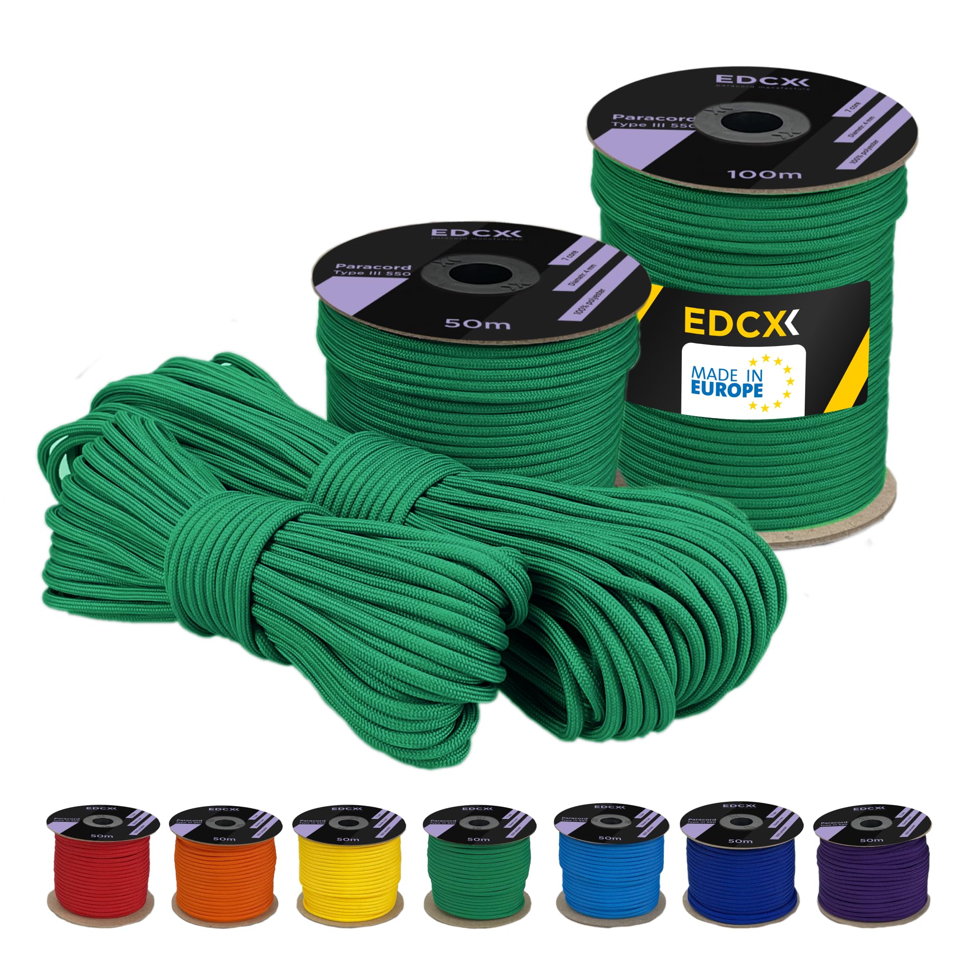 4 mm Poli Paracord 550 (15, 30, 50, 100 y 300 m) - Tipo III, Cuerda 100% Nailon, Cuerda de 7 hebras, Cuerda de Nailon de 4 mm (Green Meadow, 15 m)