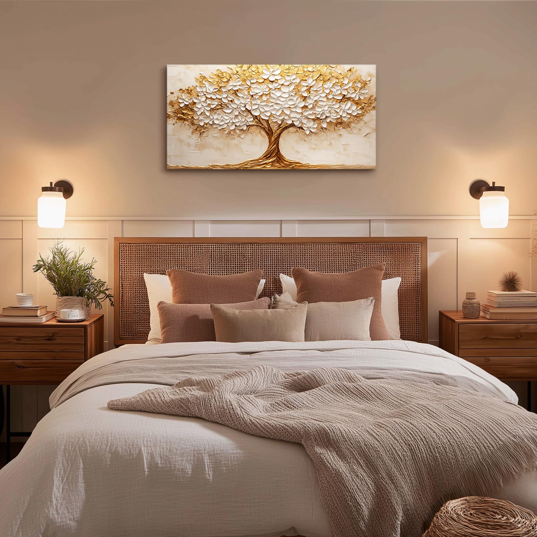 MHARTK66 Tableau Decoration Murale Salon Moderne, 50x100 cm Grand Impression sur Toile, Cadre Decoration Murale Arbres Dorés aux Fleurs Blanches, Décoration de Chambre Salle De Bain Maison Décorations