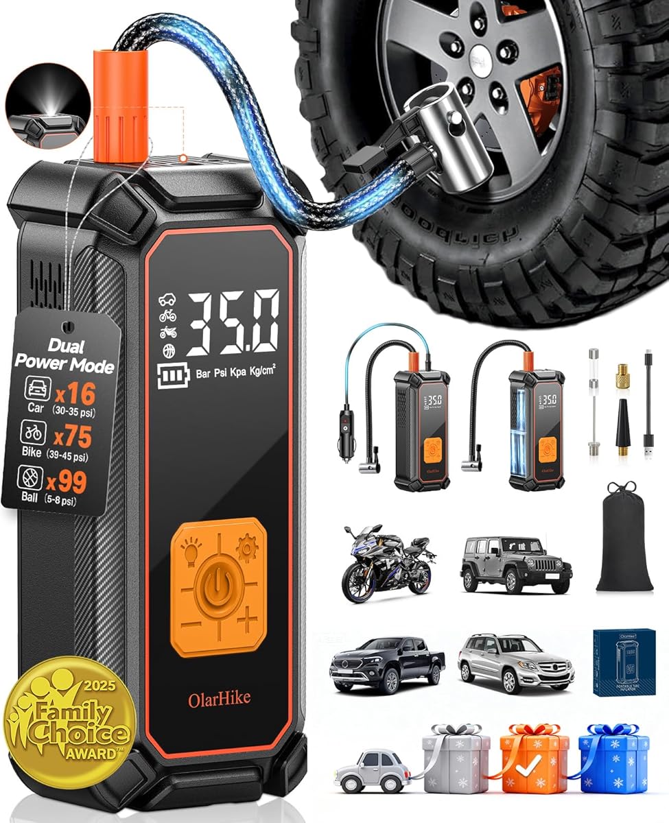 OlarHike Family Choice Awards Winner Cordless Tire Inflator Portable Air Compressor, Dual Power - 5400mAh&12V DC, Air Pump for Car Tires, Bike, Motorcycle, Electric Pump, Digital Pressure Gauge
