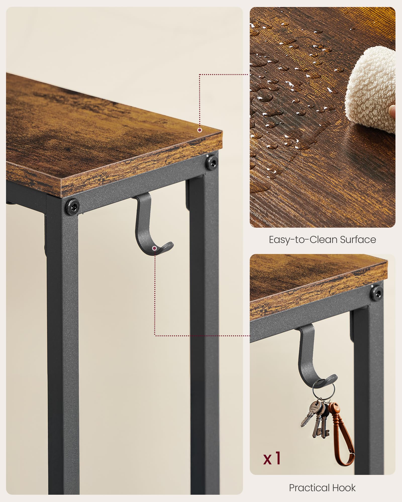 Smalle consoletafel met oplaadpunt en haken