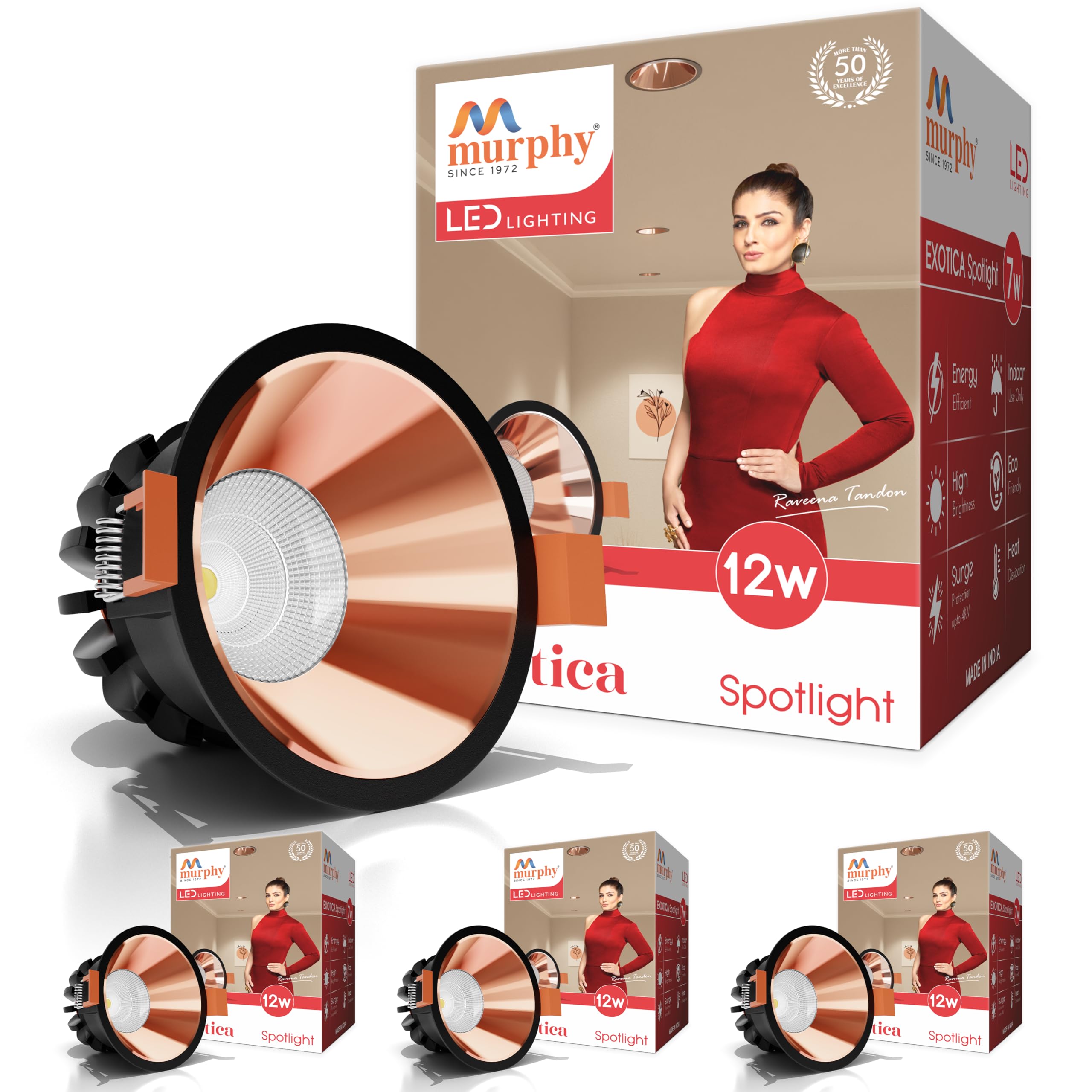 Murphy Exotica 12W COB LED Spot Light for Ceiling | Premium Rose Gold Finish | 1200 Lumens Warm White (3000K) Downlight | Aluminium Body | 4kV Surge Protection | 2 Year Warranty | Pack of 4 discount deal