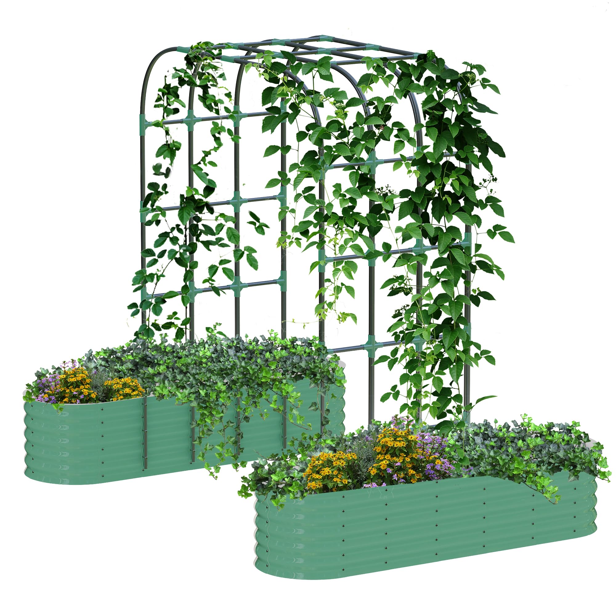 Jardinera elevada galvanizada de 243 cm con enrejado arqueado y red para huerto exterior y plantas