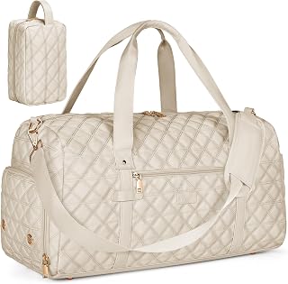 SDYSM Gym Bag for Women, Travel Duffle Bag with Shoe Compartment & Wet Pocket Waterproof Carry On Weekender for Sports, Yoga, Gym (Beige)
