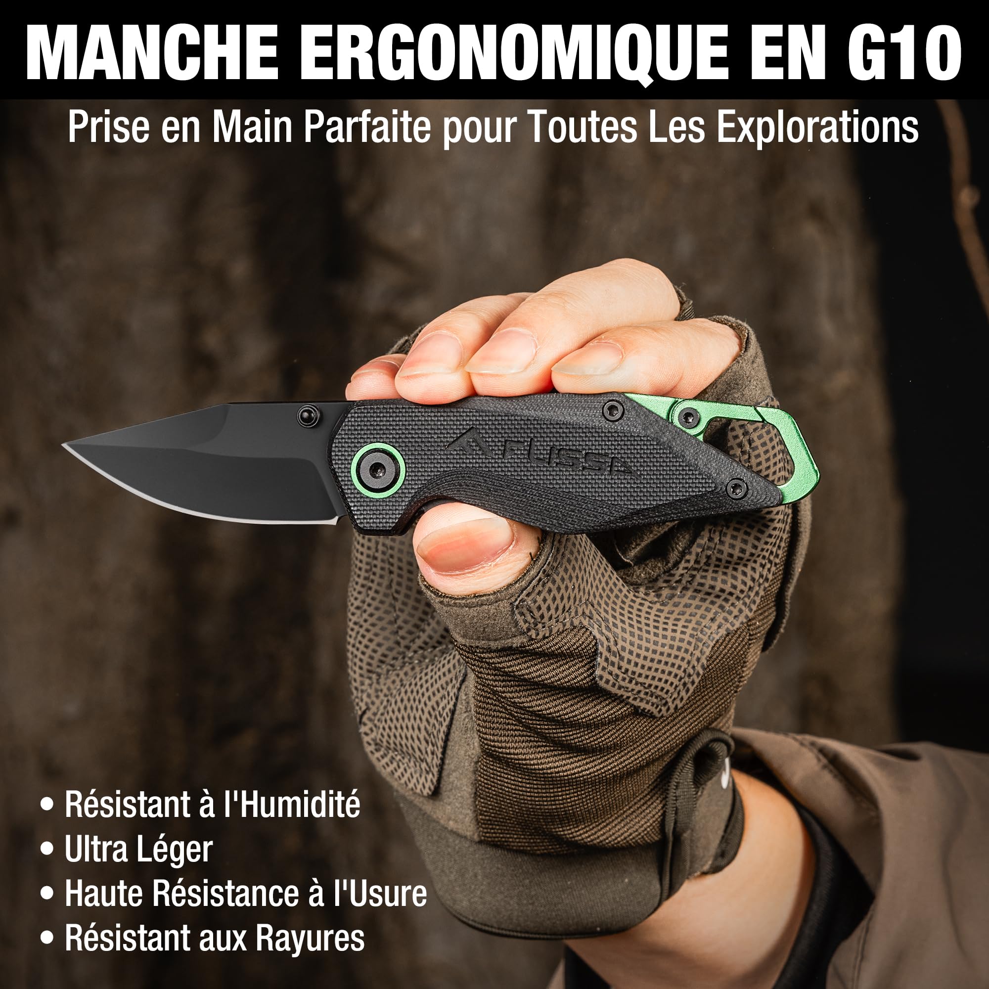 FLISSA Mini Couteau Pliant en Acier 14C28N avec Mousqueton Intégré (Usage hors Escalade), Couteau de Poche EDC (137 mm), Manche G10 Antidérapant, Idéal pour Camping, Randonnée et Quotidien