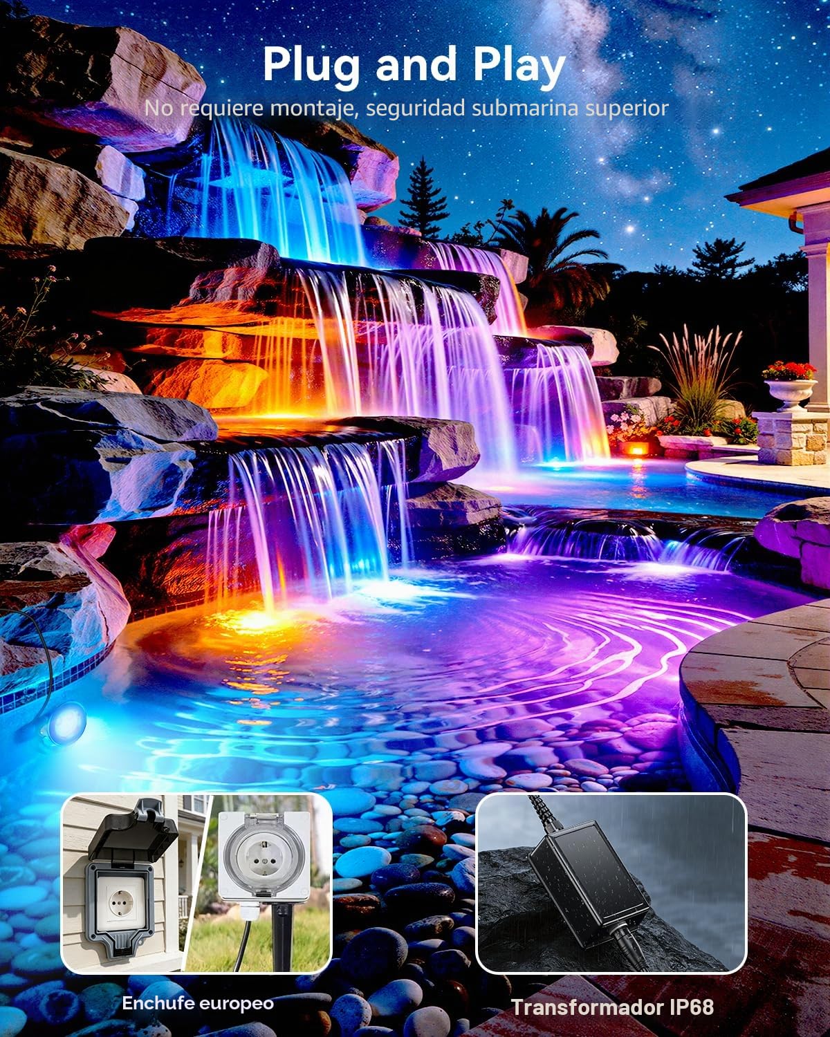 Luces Estanque Acero Inoxidable SS316, 6W Luz Estanque Sumergible con Cable 9,5M y Transformador 12V, RGB Foco Sumergible Estanque para Estanque de Jardín, Arroyo, Estanques de Koi, Cascada