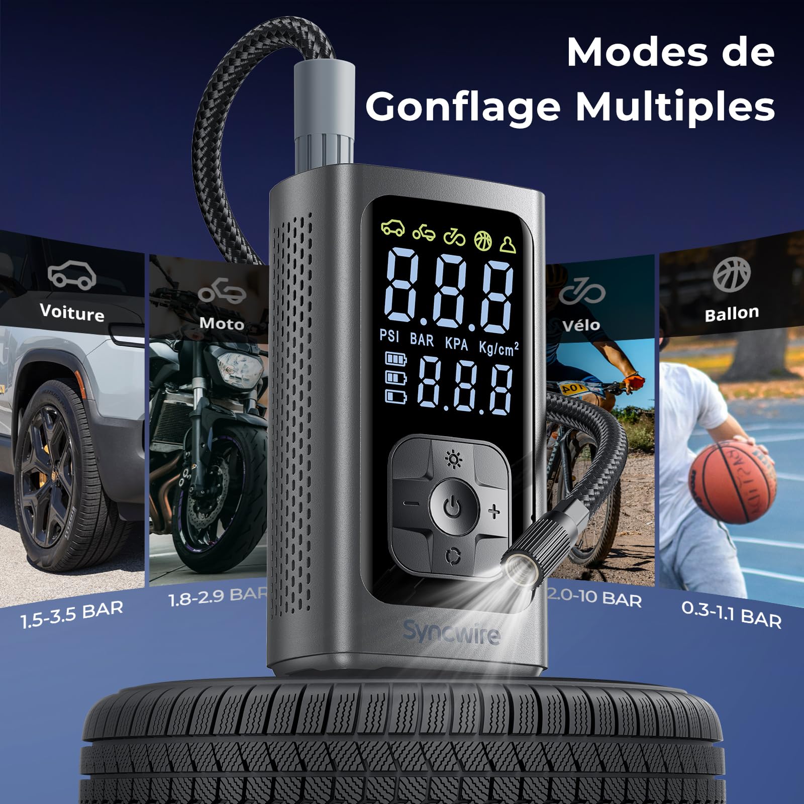 Syncwire Compresseur à Air Portatif - 10.35Bar Rapide Pompe à Air à Gonflage Pompe Gonfleur Pneus Voiture Car Inflator pour Voiture, Vélos, Motos, Balles, avec Bouchons de Valve de Pneu, Grand LCD