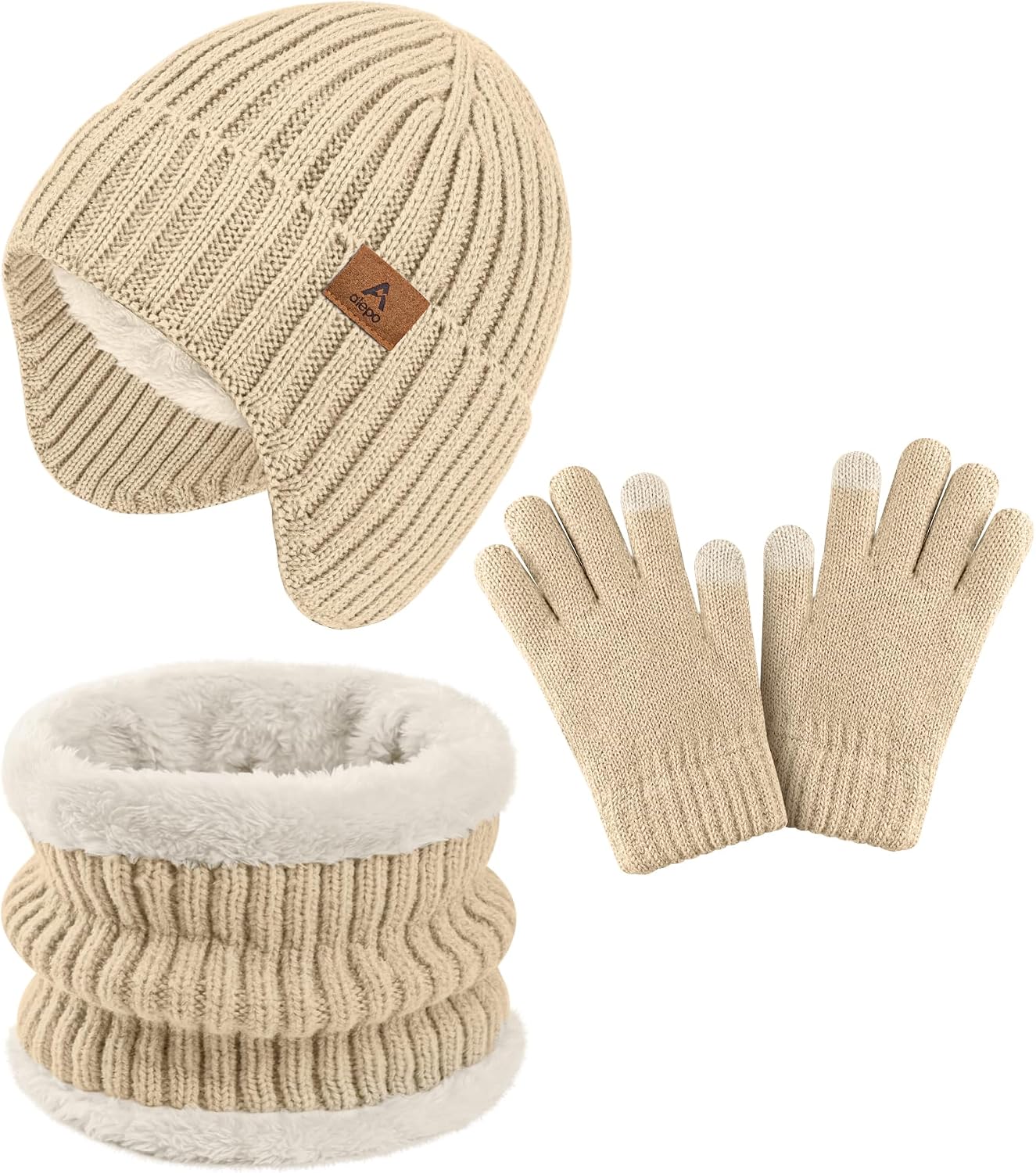 Kids Winter Hat Gloves Scarf Set, Boys Girls Cold Weather Knit Beanie with Ear Flaps & Fleece-Lined Neck Gaiter Mittens Set Color38