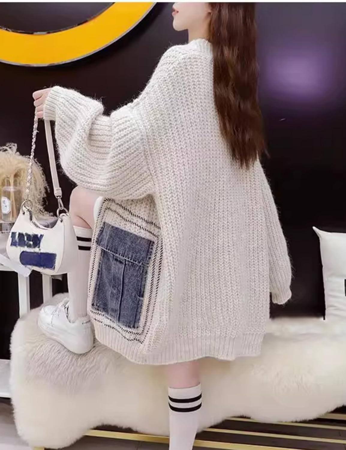 Womens Long Sleeve Patchwork Cardigan Sweater Denim Pockets V Neck Button Down Knit Open Front Coat Outwear - Image 5