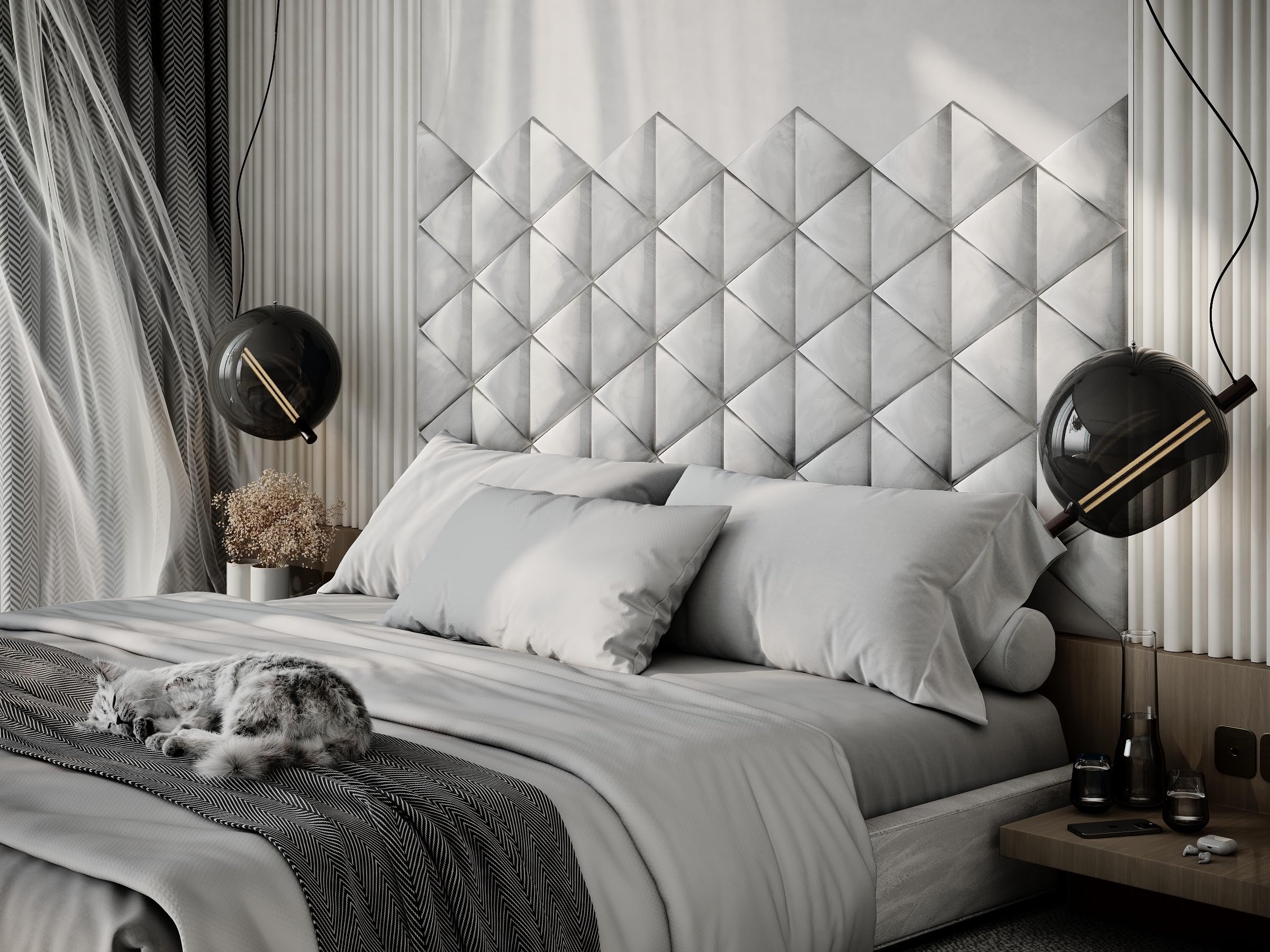 Upholstered Decorative Wall Panels Velvet Headboard Padding | Cushioned Planks | Padded Decor Collision Avoidance | Acoustic Soundproofing Treatment | (White, 4x Triangle (25x25cm))