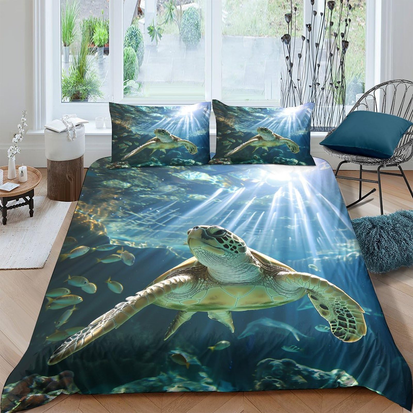 Ctjqhvkz Style-10 3D Printed Ocean Turtle Fitted Sheet Microfiber Soft Blue Sunbeam Underwater Mattress Cover For Bedroom Decor Single（135X200cm）
