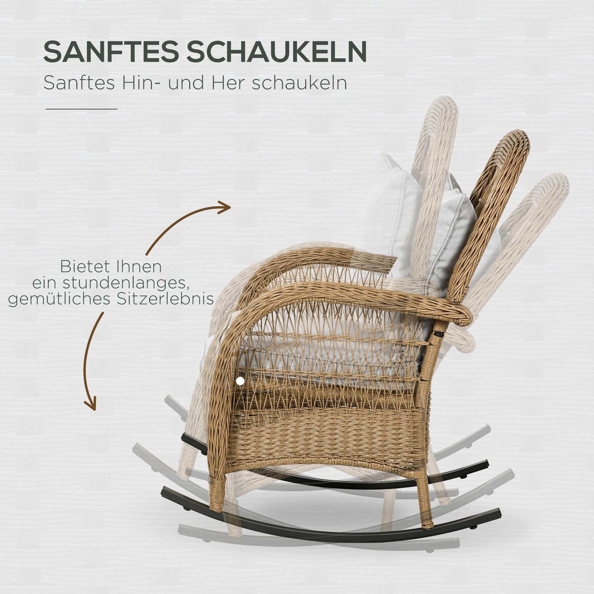 Outsunny Rattan Schaukelstuhl, Schaukelsessel mit Kissen, Gartenstuhl mit Waschbaren Polsterbezüge, Loungemöbel für Hinterhof, Garten, Terrassen, Gelb, 69 x 92 x 100 cm