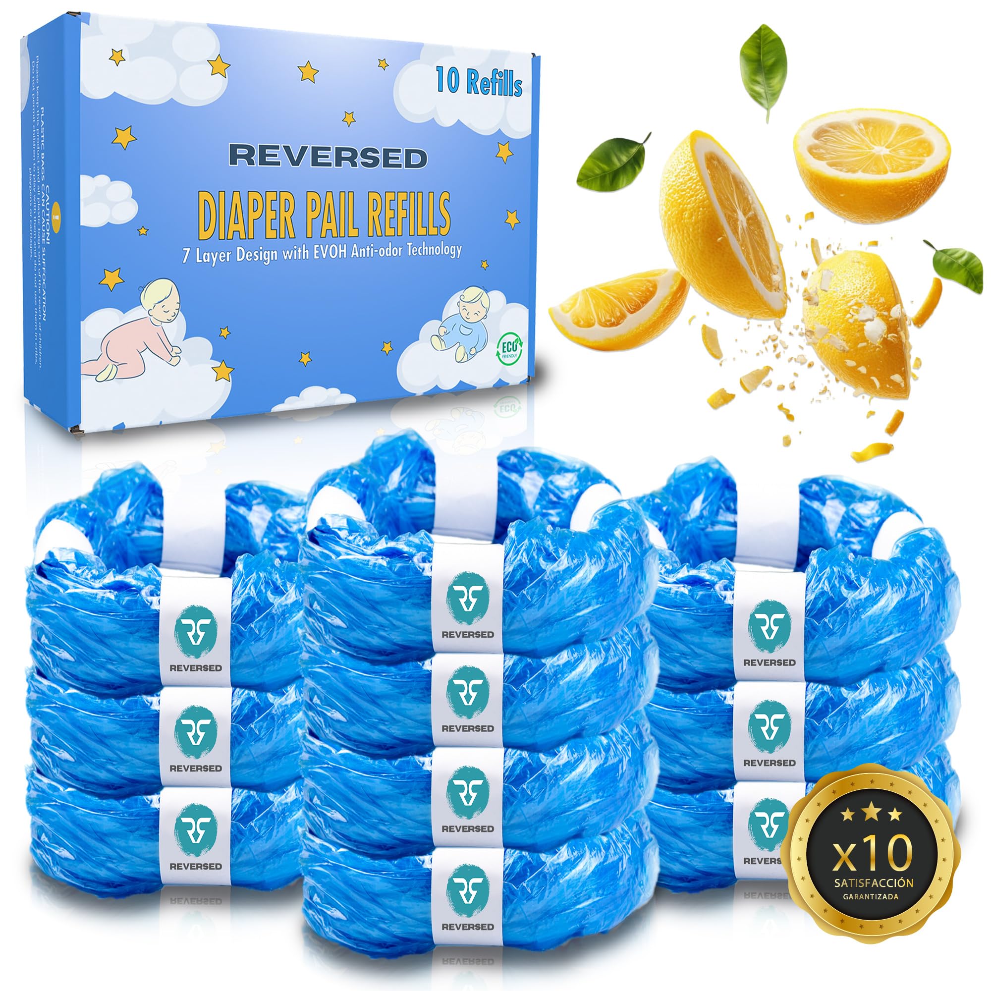 REVERSED® 10 Recambios para Papelera de Pañales, Tommee Tipee Recambios - EVOH 7 Capas HDPE - Perfume de Limón - Compatible Tommee Tippee Sangenic, Twist & Click y Angelcare