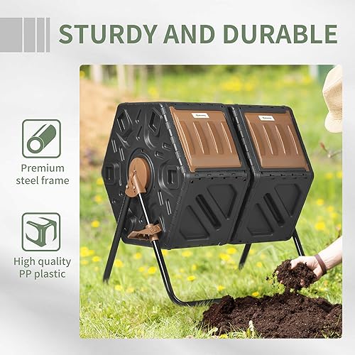 Miniatura 7 de Contenedor de compostaje para exteriores, 43 galones de doble cámara con puertas correderas, vaso de compostaje grande, contenedor de abono para