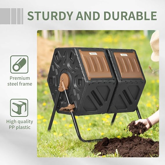Compost Bin Outdoor, 43 Gallon Dual Chamber Tumbling Composting with Sliding Doors, Large Compost Tumbler, Compost Bin for Garden, Kitchen, and Yard Waste, Black+Brown