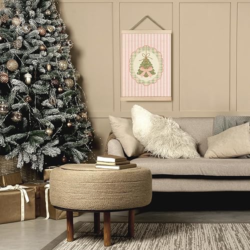 Miniatura 2 de KEUSPI Póster de arte de pared de árbol de Navidad con lazo rosa coquette, decoración de Navidad preparada, lienzo retro a rayas rosas y verdes,