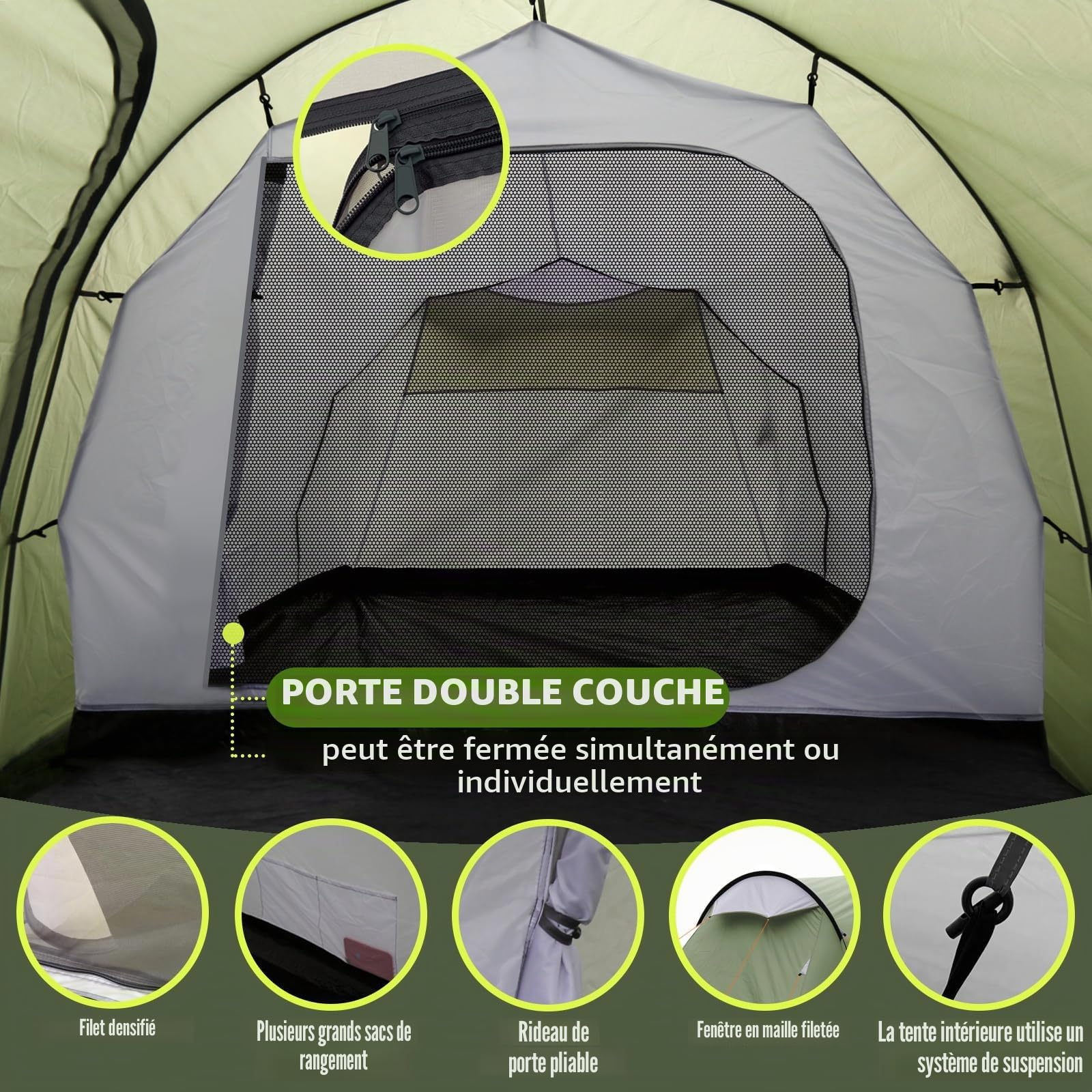 Chihee Tente Tunnel de Camping pour 4 Personnes avec 2 Portes - Résistante aux intempéries - Tente 4 Saisons - avec Porche blindée - Sac de Transport Rainfly pour Les Voyages en Plein air et la