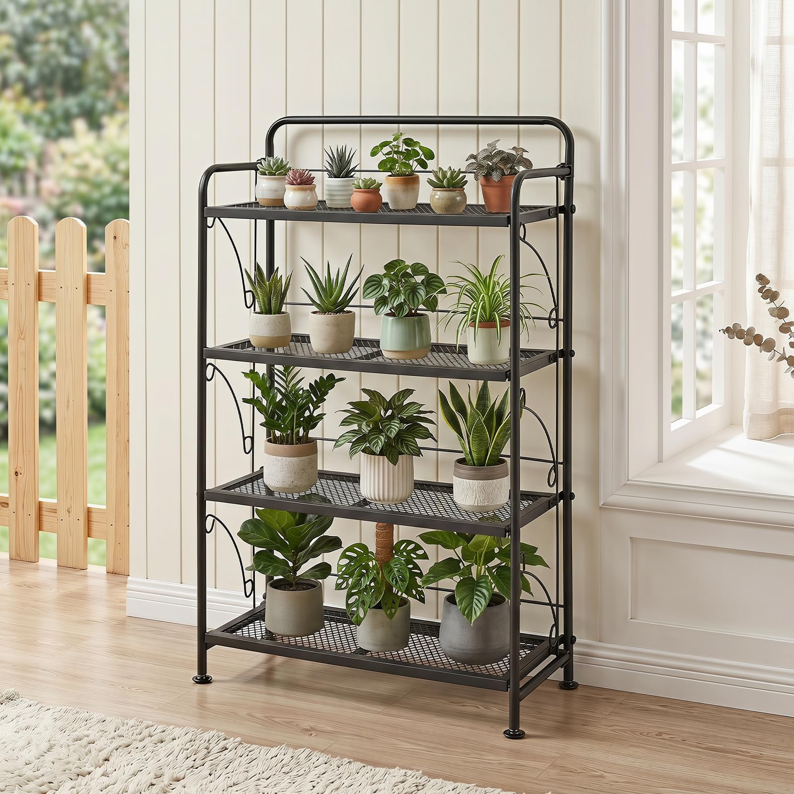 COSTWAY Scaffale Portafiori in Metallo, Scaffale per Piante Verticale con 4 Ripiani Pieghevoli, Espositore Multiuso da Interno ed Esterno, per Giardino, Terrazza e Balcone, 60 x 25 x 100 cm