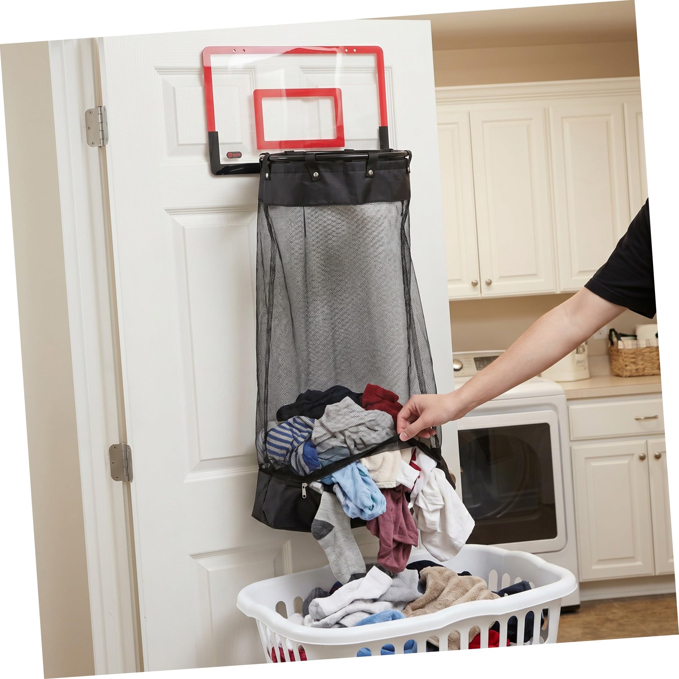 Ciieeo Panier à Linge Suspendu Rouge avec Cadre de Basket, Maille Plastique Résistante, Fermeture Éclair et Crochets Universels, pour Salle de Bain et Usage Domestique