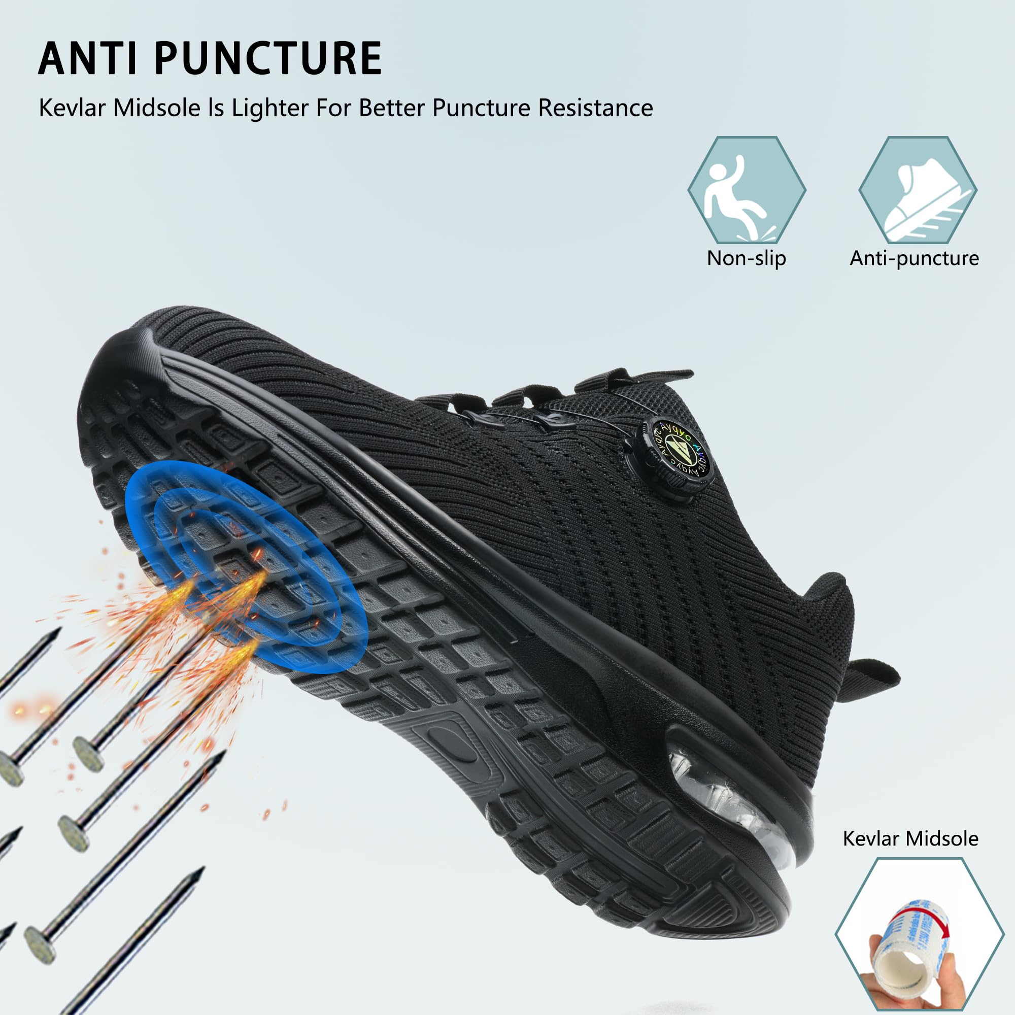 Buty ochronne męskie ze stalowym noskiem, buty ochronne damskie, lekkie buty ochronne, oddychające, antypoślizgowe, robocze buty ochronne z poduszką powietrzną, obrotową klamrą, sznurówki, czerń 2, 40