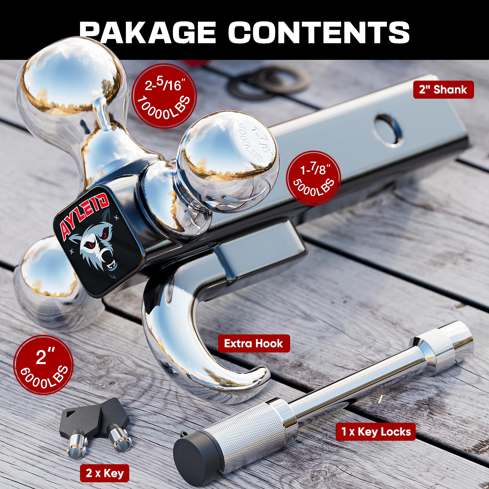 Ayleid Anhängerkupplungshalter Tri-Ball mit Haken und Kugelstiften in 4,5 cm, 5,1 cm und 6,3 cm, Kugelkopf für Anhängerkupplung, Anhängerkupplung, Silberne Kugel mit Kupplungsstift