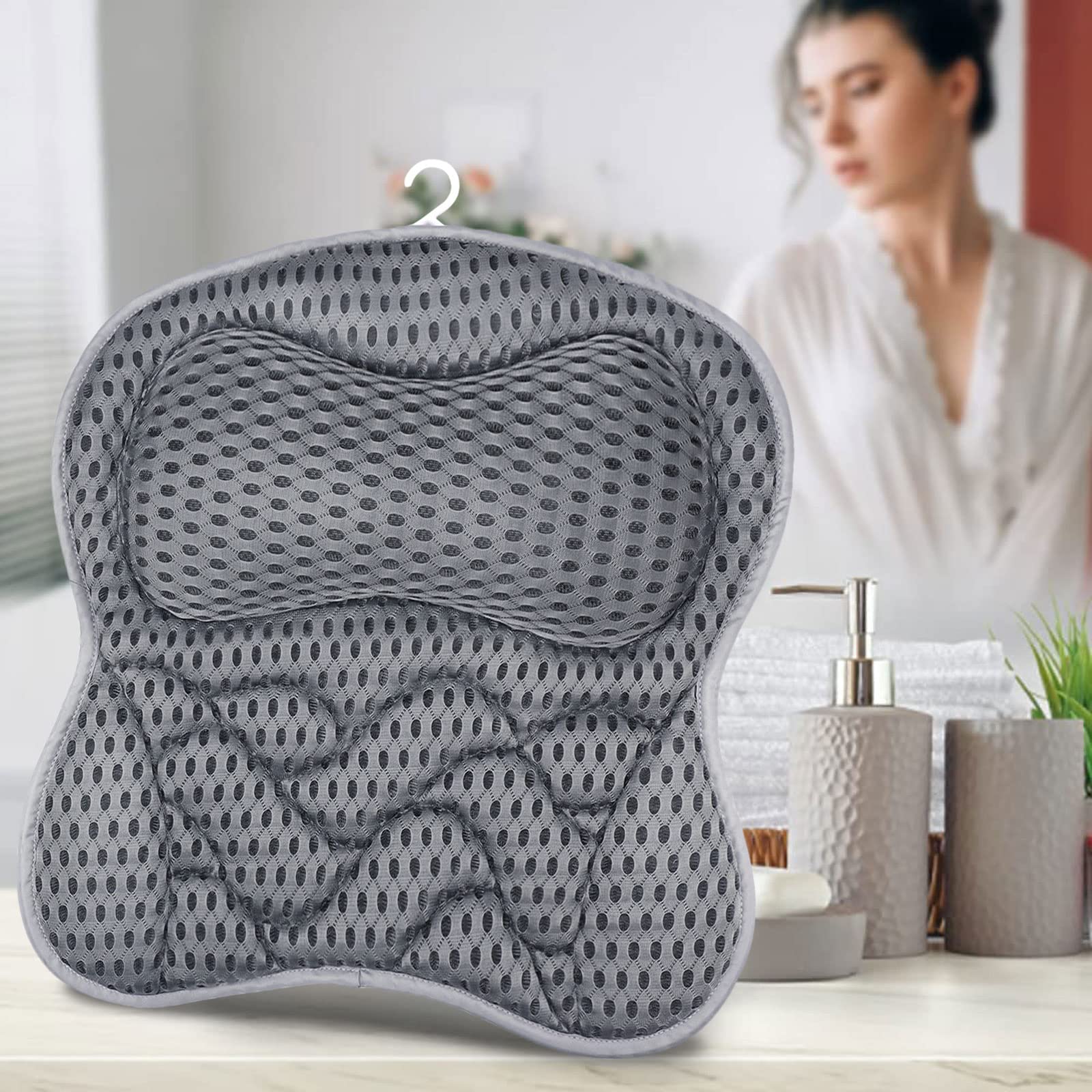 Frasheng Almohada de Baño,Malla 4D Cojín de baño,Almohada de Baño con 6 Ventosas Antideslizantes,Puede soportar la Cabeza,el Cuello,la Espalda,para SPA en Casa Bañera de Hidromasaje,Lavable a Máquina