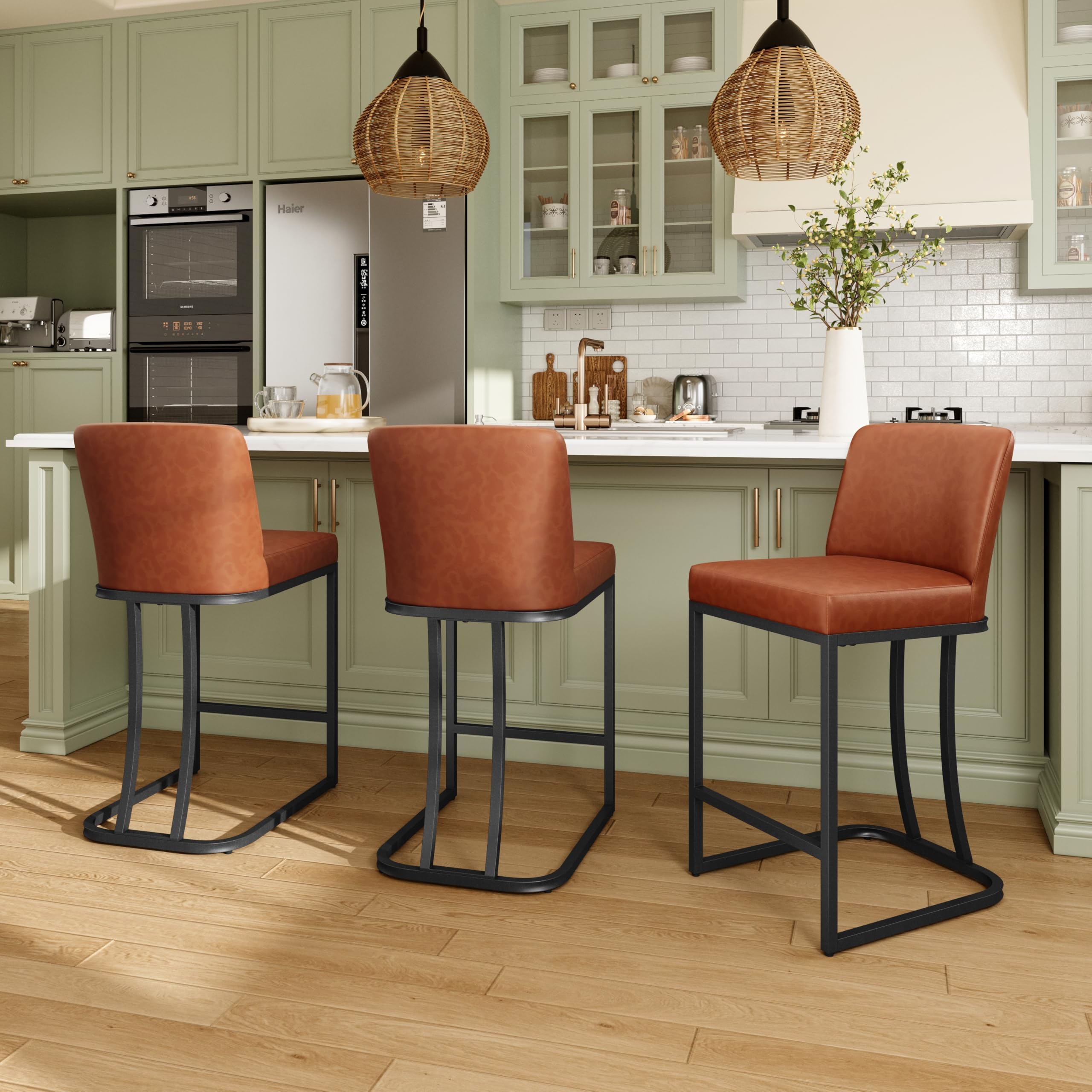 - MAISON ARTS Counter Height Bar Stools with Back Set of 3 for Kitchen Counter, 24 Inch Modern Upholstered Faux Leather Barstools Farmhouse Bar Chairs Luxury Island Stools Support 330LBS, Brown