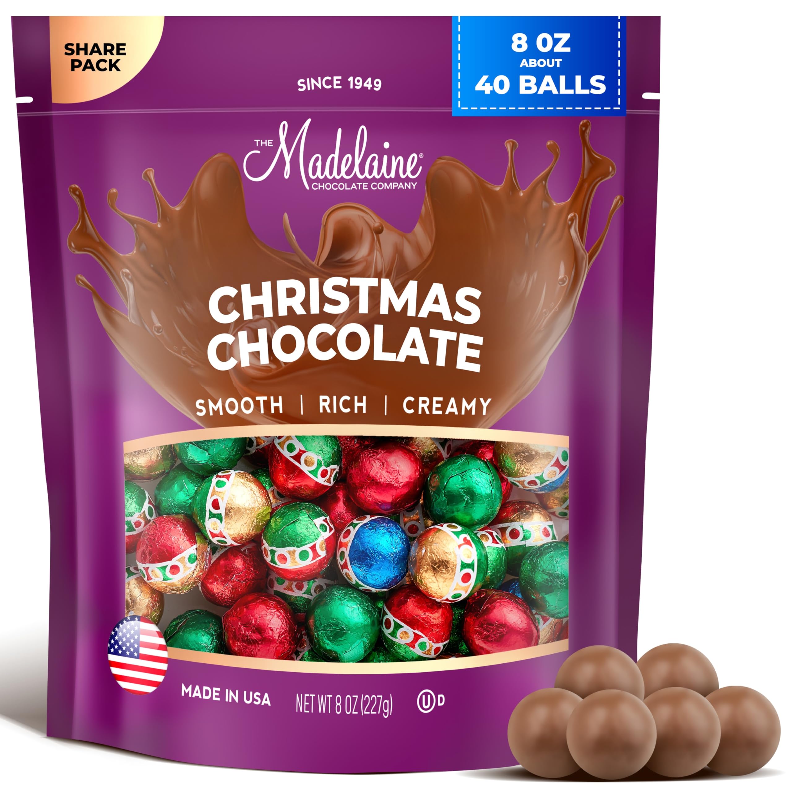 Madelaine Milk Chocolate Christmas Ornament Balls – Individually Wrapped Holiday Chocolates for Kids – Christmas Candy Stocking Stuffers & Holiday Gift Basket Treats – 8 oz Bag (Approx. 40 Pieces)