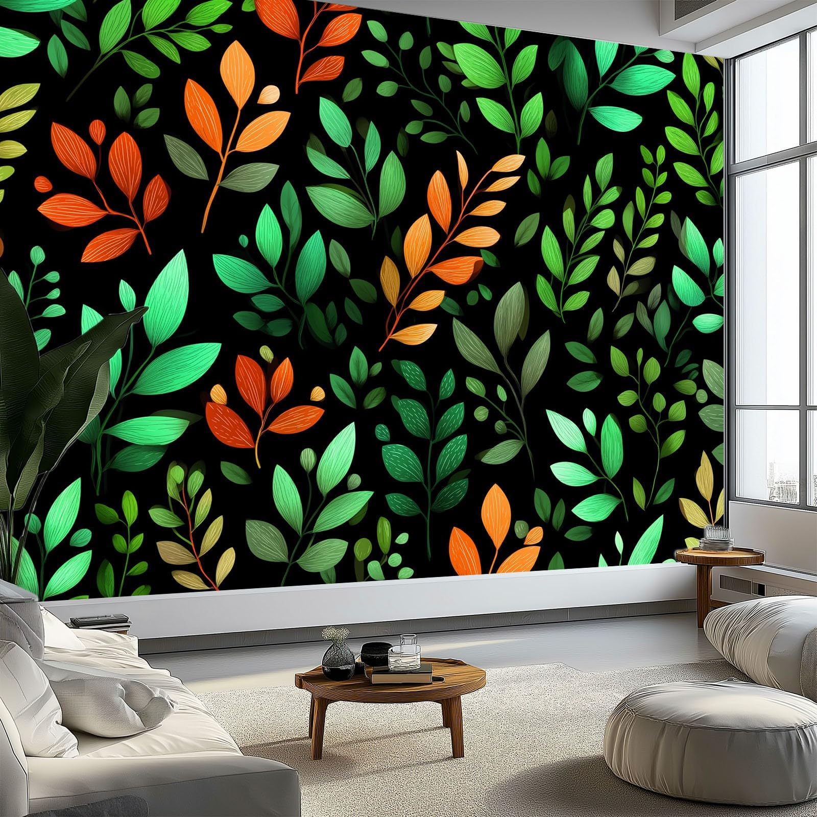 Générique Panoramiczna ręcznie malowana tapeta tropikalna 3D rośliny liście 400 x 280 cm, włóknina XXL nowoczesna dekoracja ścienna salon sypialnia biuro pokój dziecięcy, czarna
