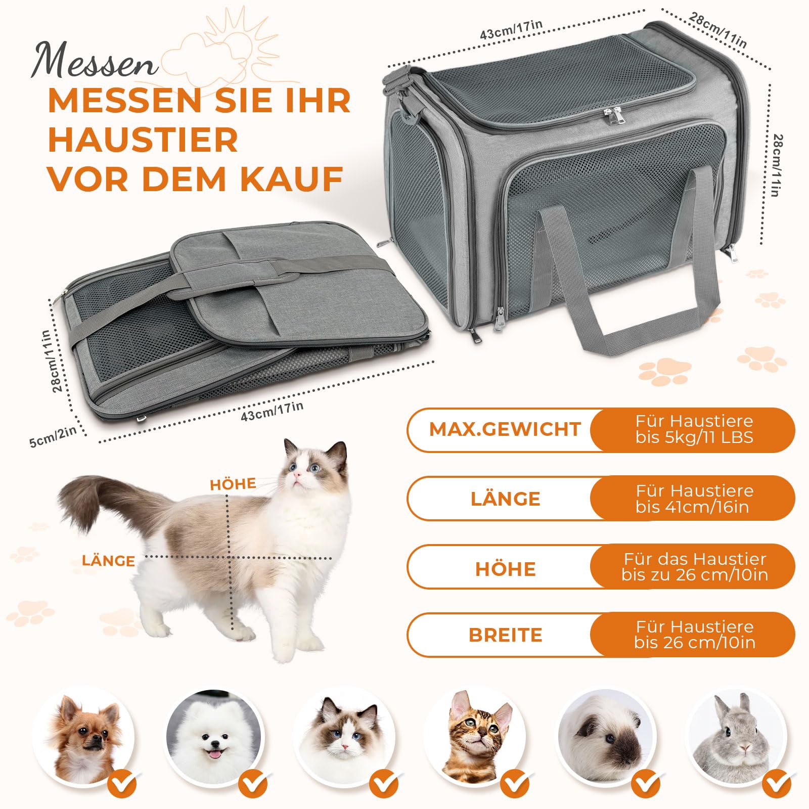 Transporttasche Katze, Transporttasche für Katze Hund bis zu 5kg, Tragbar Faltbare Haustier Tragetaschen mit Schultergurt für Mittel Kleine Haustiere(Grau, 43x28x28cm)