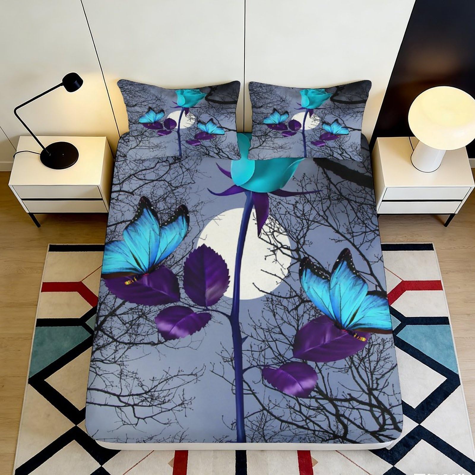 3D Printed Moon Butterfly Fitted Sheet Microfiber Soft Easy Care Purple Blue Tree Mattress Cover for Bedroom Guest Room Decor 90x200x25cm